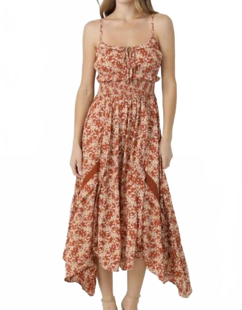 NEW ANGIE ruffles and lace midi dress in rust